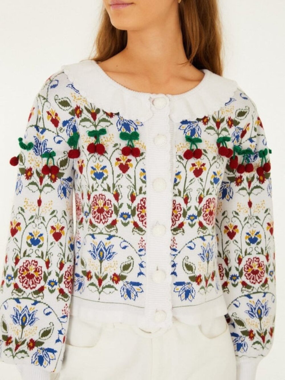 Farm Rio Stitched Garden Ainika Knit Cardigan Long Sleeves Size L Off White - Picture 3 of 4